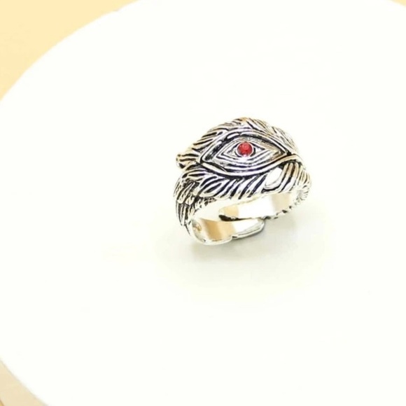 Silver Feather Red Crystal Evil Eye Ring - Picture 5 of 15
